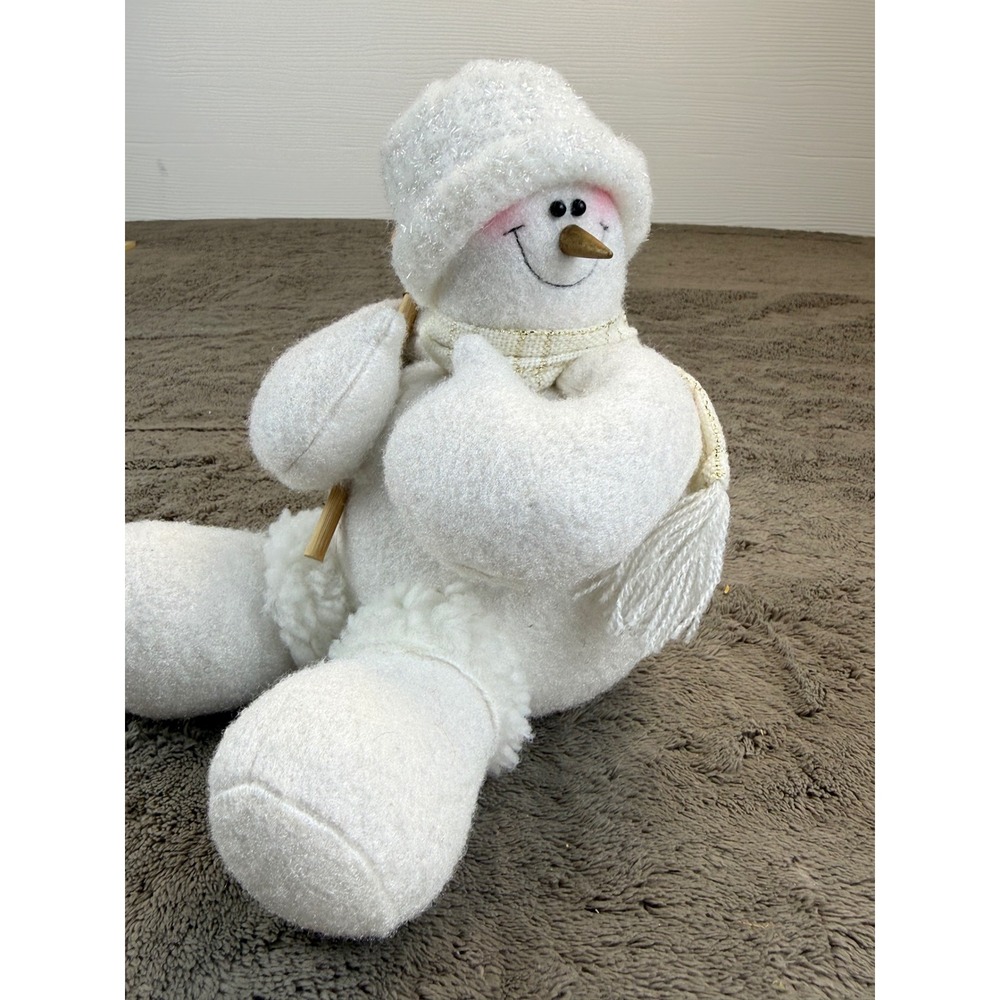 Plush Snowman Wind Up Key Figure Holiday Decor White Gold Bell Scarf Seated
